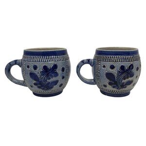 Marzi Remy 3141 Pottery Mugs Set 2 German Stein Blue Engraved Floral Cup Ceramic